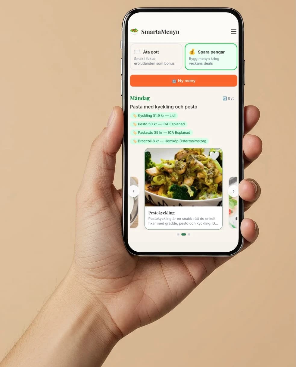 SmartaMenyn veckomeny visad på en mobil